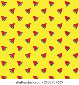 Seamless pattern of watermelon slice. Fruit vector doodle illustration on yellow background.
