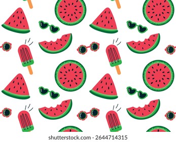 Seamless pattern with watermelon slice, glasses, watermelon ice cream. Vector illustration of colorful summer background with juicy watermelon ideal for textile, background, wrapping paper, packaging
