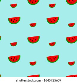 Seamless pattern with watermelon slice on blue background. Summer illustration with colorful cute fruits. Food concept. Vector print for invitation, poster, card, fabric, textile.