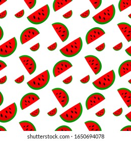 Seamless pattern with watermelon slice on white background. Summer illustration with colorful cute fruits. Food concept. Vector print for invitation, poster, card, fabric, textile.