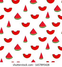 Seamless pattern with watermelon slice on white background. Summer illustration with colorful cute fruits. Food concept. Vector print for invitation, poster, card, fabric, textile.