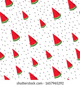 Seamless pattern with watermelon slice on white background. Summer illustration with colorful cute fruits. Food concept. Vector print for invitation, poster, card, fabric, textile.