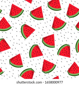 Seamless pattern with watermelon slice on white background. Summer illustration with colorful cute fruits. Food concept. Vector print for invitation, poster, card, fabric, textile.