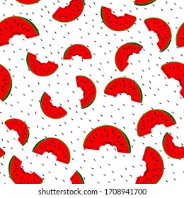 Seamless pattern with watermelon slice on white background. Summer illustration with colorful cute fruits. Food concept. Vector print for invitation, poster, card, fabric, textile.