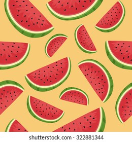 Seamless Pattern Watermelon Slice Orange. Seamless pattern vector illustration of watermelon fruit in orange background.