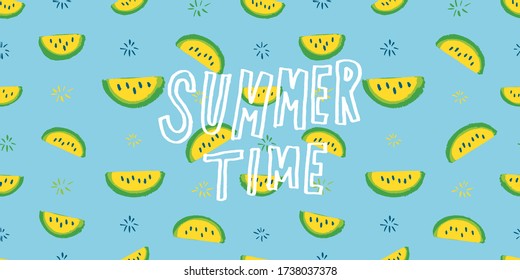 Seamless pattern with watermelon slice, summer time word.