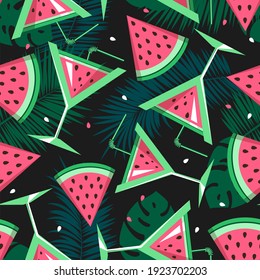 Seamless pattern with watermelon slices, cocktails and tropic leaves. Vector illustration. Watermelon summer background