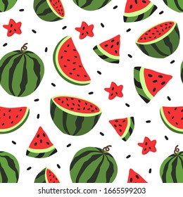 Seamless pattern with watermelon and its slices. Colorful watermelon cut into pieces vector illustration for print, fabric and textile background, packaging and wrapping paper design.