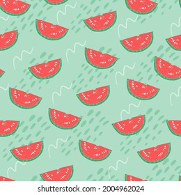 Seamless pattern with watermelon slices. Colorful summer print. Vector hand drawn illustration. Healthy vegetarian food. Decoration for gift paper, prints for clothes, textiles, wallpapers, party time