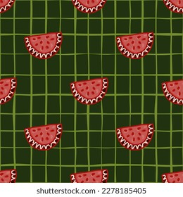 Patrón sin foco con rodajas de sandía. Trato de fruta. Diseño de alimentos para tela, impresión textil, envoltura, cubierta. Ilustración del vector