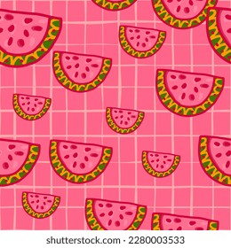 Seamless pattern with watermelon slices. Cute fruit backdrop. Food design for fabric, textile print, wrapping, cover. Vector illustration