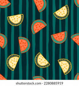 Seamless pattern with watermelon slices. Cute fruit backdrop. Food design for fabric, textile print, wrapping, cover. Vector illustration