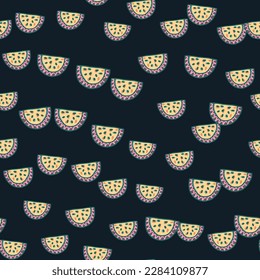 Patrón sin foco con rodajas de sandía. Trato de fruta. Diseño de alimentos para tela, impresión textil, envoltura, cubierta. Ilustración del vector