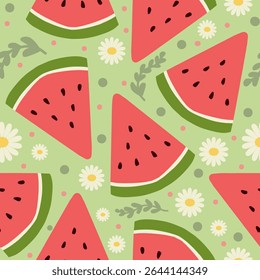 Seamless pattern with watermelon slices, daisy flowers, and leaves in soft green tones. Perfect for summer themed textiles, kids fabric, backgrounds, and digital prints.