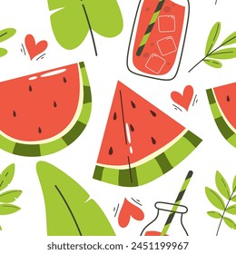 Patrón sin costuras con rebanadas de sandía y bebida en estilo plano de dibujos animados, brillante y estampado de verano. Ilustración vectorial.