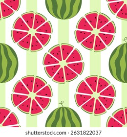  Seamless pattern of watermelon slices in flat style. Vector illustration on delicate, green striped background.