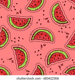 Seamless pattern with watermelon slices. Freehand drawing. Pink background