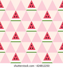 Seamless pattern of watermelon slices in the geometric style. Fresh summer fruit background. Vector illustration.