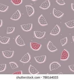 Seamless pattern of watermelon slices with grey background. Modern design for fabric and paper, web page background, surface textures.