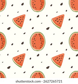 Seamless pattern of Watermelon slices and halves, background of Fruits and Seeds. Vector Summer pattern for covers, cases, clothes, and Food packaging.