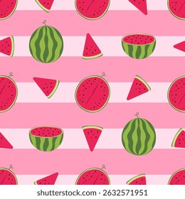 Seamless pattern of watermelon, slices, slices, halves. Vector illustration on pink striped background.