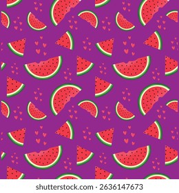 Seamless Pattern with Watermelon Slices and Hearts Vector Illustration.