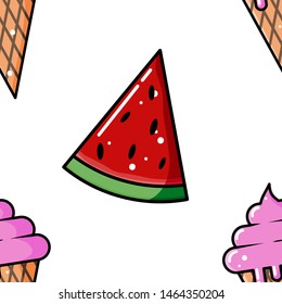Seamless pattern of watermelon slices and ice cream cones. Vector cartoon background. Flat design.