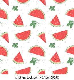 seamless pattern of watermelon slices and leaves on a white background
