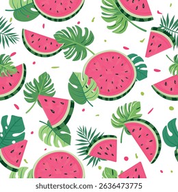 Seamless Pattern with Watermelon Slices and Leaves on White Background – Flat Vector Summer Fruit Design for Kids, Holiday Projects, Seasonal Decor and Textile Use

