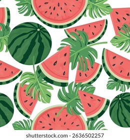 Seamless Pattern with Watermelon Slices and Leaves on White Background – Flat Vector Summer Fruit Design for Kids, Holiday Projects, Seasonal Decor and Textile Use

