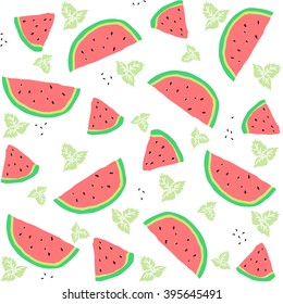 Seamless pattern with watermelon slices and mint leaves. Vector illustration.