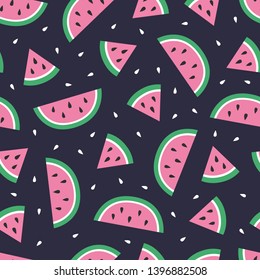Seamless pattern of watermelon slices on the dark backdrop. Fresh summer fruit background. Vector illustration.