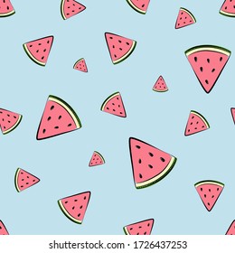 Seamless pattern with watermelon slices on soft blue background. Cute vector illustration flat style design for invitations, prints, wrapping paper, greeting card or decoration