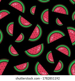 patrón ininterrumpido de rodajas de sandía sobre un fondo negro. Patrón de sandía. Patrón de frutos de verano colorido. Ilustración plana del vector