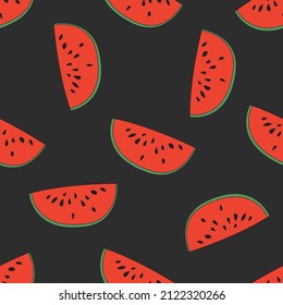 Seamless pattern with watermelon slices on a black background, flat vector illustration. For t-shirt prints and other uses.