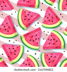 Seamless pattern with watermelon slices on striped background. Vector illustration. Watermelon summer background