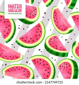 Nahtloses Muster mit Wassermelonen-Scheiben auf gestreiftem Hintergrund. Vektorgrafik. Wassermelone, Sommer-Hintergrund