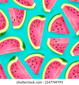 Seamless pattern with watermelon slices on blue background. Vector illustration. Watermelon summer background