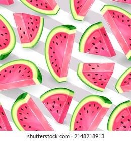Seamless pattern with watermelon slices on striped background. Vector illustration. Watermelon summer background