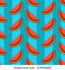 Seamless pattern of watermelon slices on blue stripes