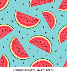 Seamless pattern with watermelon slices on a blue background. Vector summer seamless background