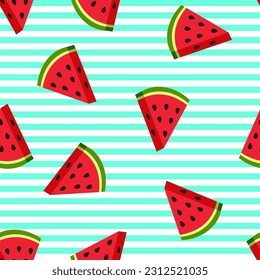 Seamless pattern of watermelon slices on a striped background. Vector background. Flat design.