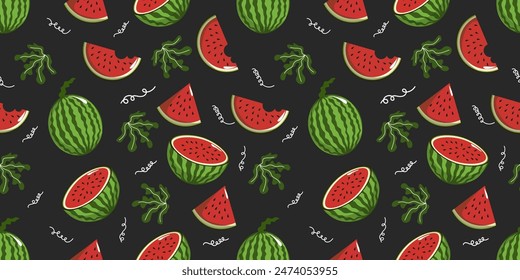Seamless pattern with watermelon slices on a dark background. Cute watermelon on the Watermelon Day theme. It can be used for wrapping paper, gift wrapping, textiles, etc.