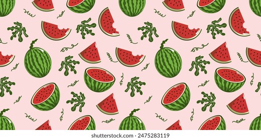 Seamless pattern with watermelon slices on a pink background. Cute watermelon on the Watermelon Day theme. It can be used for wrapping paper, gift wrapping, textiles, etc.