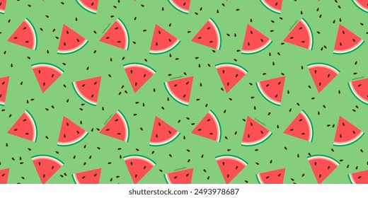 Seamless pattern with watermelon slices on a green background.