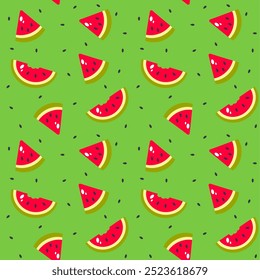 Seamless pattern with watermelon slices on a green background.