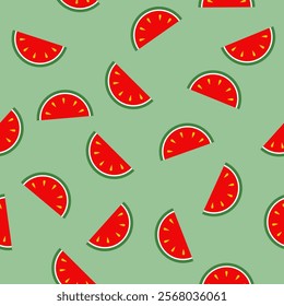 Seamless pattern with watermelon slices on a green background.