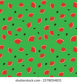 Seamless pattern with watermelon slices on a green background.