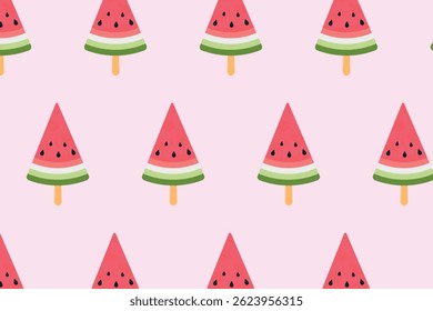 Seamless pattern with watermelon slices on a stick. Watermelon ice cream on a pink background. Vector illustration.