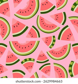 Seamless pattern with watermelon slices on pink background. Repeating fruit texture with green rind and red pulp.
